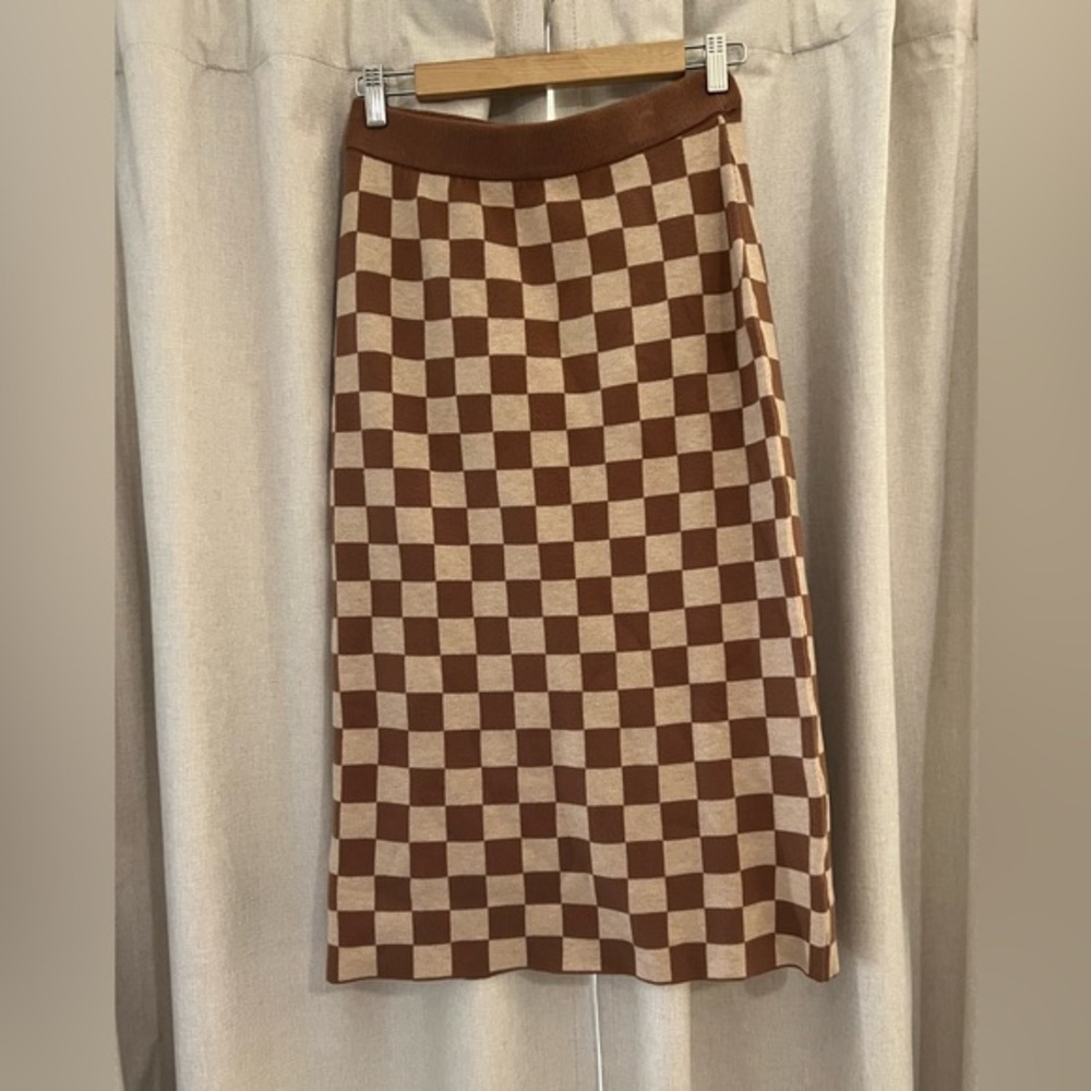 Polagram Brown Check Knit Pencil Skirt New L